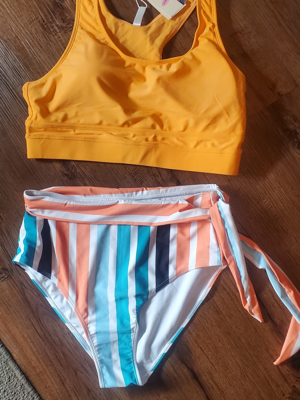 NWT Dokotoo Yellow Swim Top and Striped Bikini Bottom Set